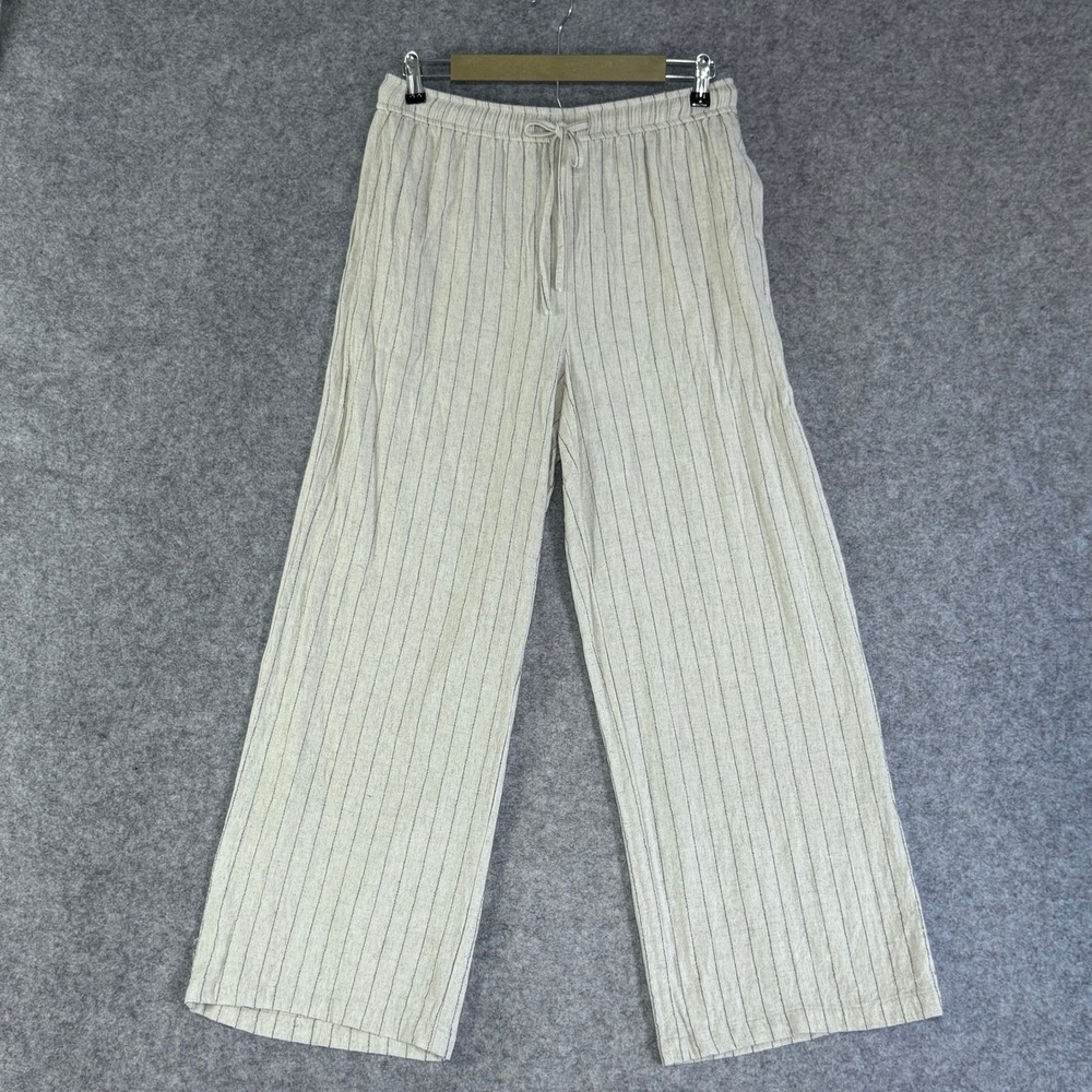 Skies‎ Are Blue Womens Pants Large Linen Blend Striped Wide Leg Beige Casual